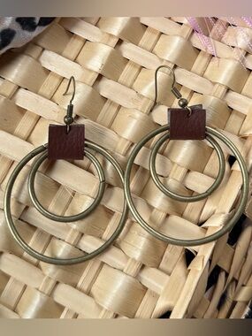 Brown Leather and Antique Gold Double Hoop Earrings
